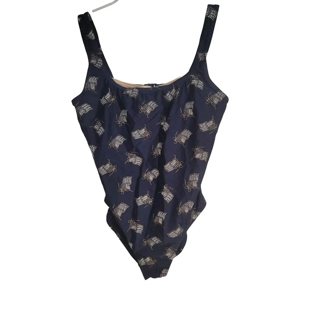 Vintage Speedo Women's  One Piece‎ Swimming Suit 14 Navy Blue American Flags